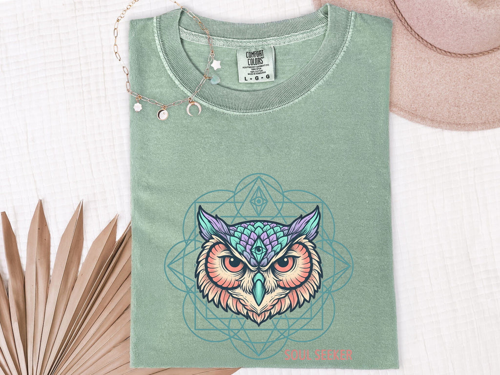 Soul Seeker Owl Shirt, Mystical Owl Tee, Spiritual Boho Shirt, Owl Lover Gift for Women, Sacred Geometry Tee