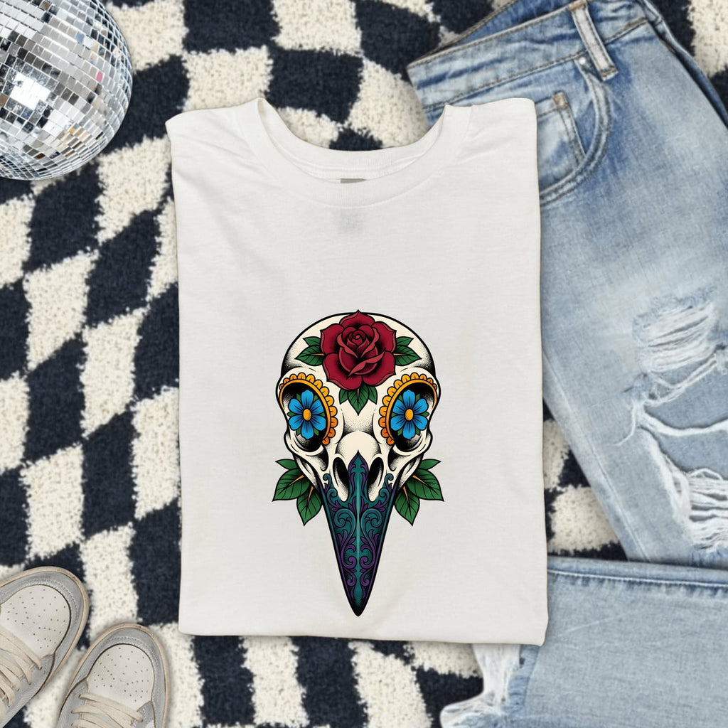 Floral Bird Skull Shirt, Gothic Skull Tee, Tattoo Style Rose Shirt, Alternative Boho Tee, Dark Floral Gift for Women