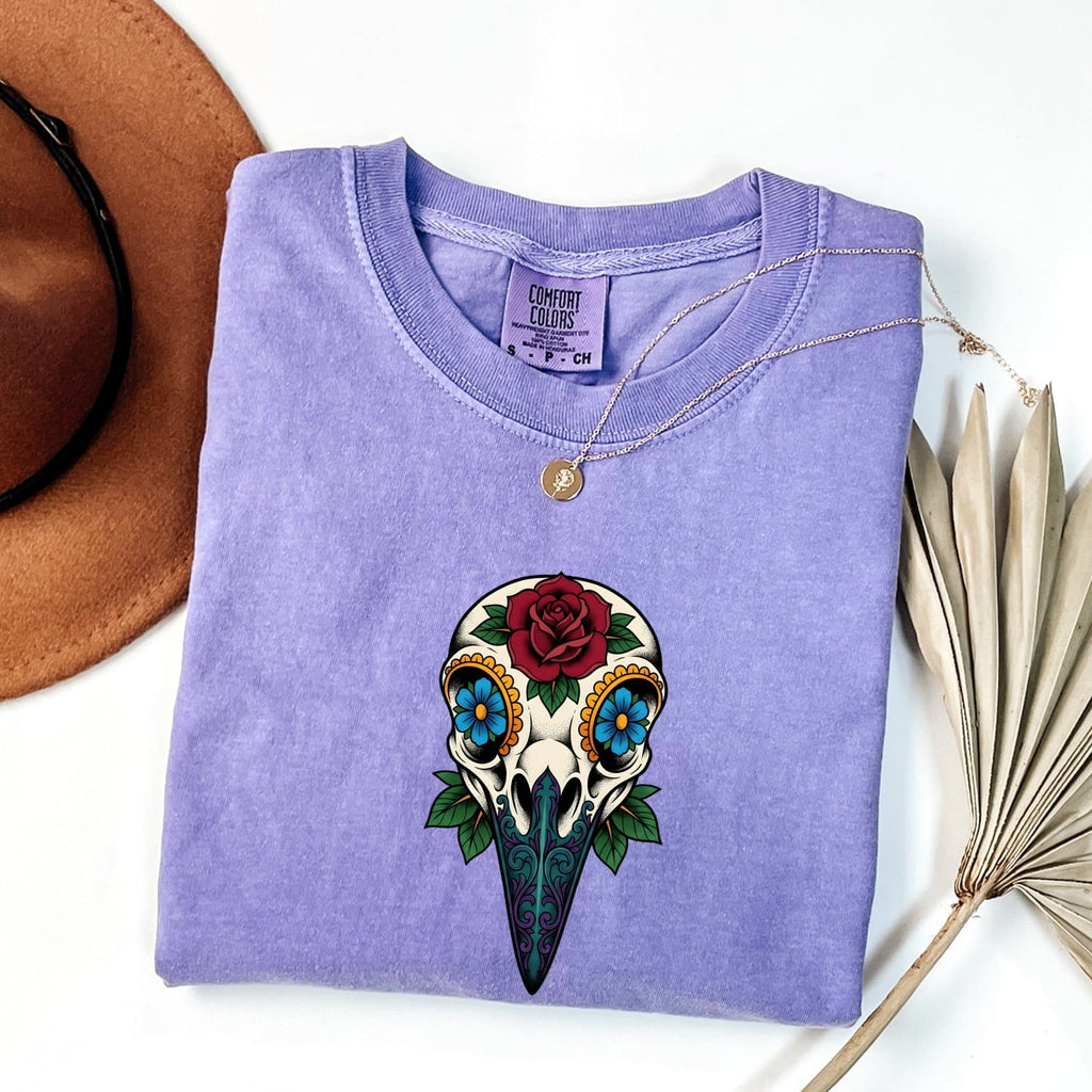 Floral Bird Skull Shirt, Gothic Skull Tee, Tattoo Style Rose Shirt, Alternative Boho Tee, Dark Floral Gift for Women
