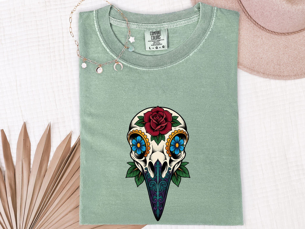 Floral Bird Skull Shirt, Gothic Skull Tee, Tattoo Style Rose Shirt, Alternative Boho Tee, Dark Floral Gift for Women