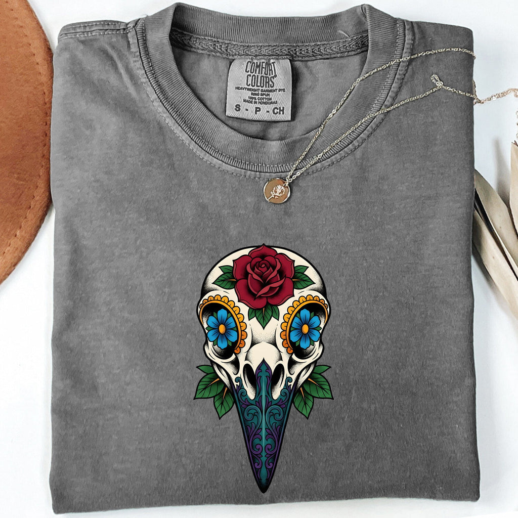 Floral Bird Skull Shirt, Gothic Skull Tee, Tattoo Style Rose Shirt, Alternative Boho Tee, Dark Floral Gift for Women