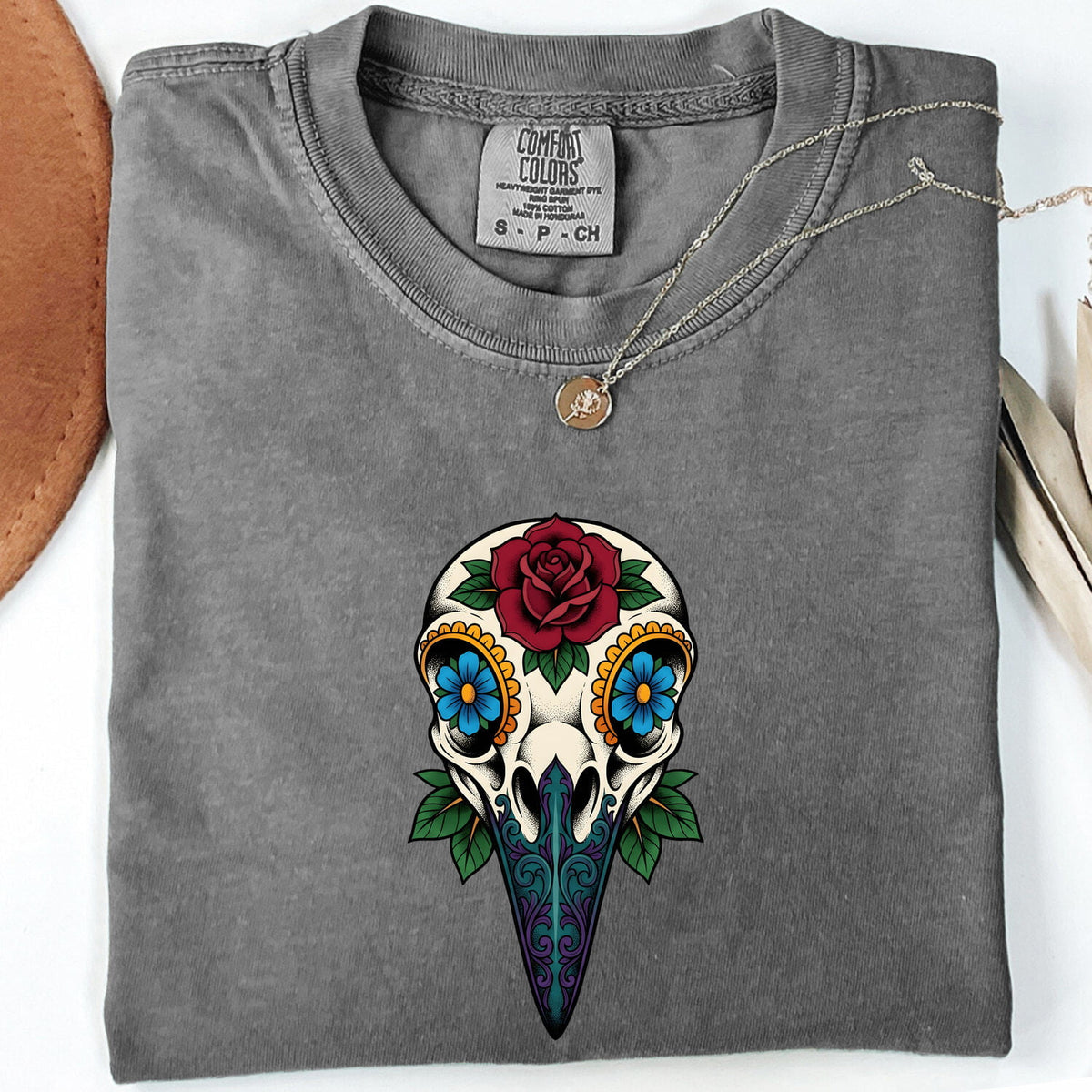 Floral Bird Skull Shirt, Gothic Skull Tee, Tattoo Style Rose Shirt, Alternative Boho Tee, Dark Floral Gift for Women
