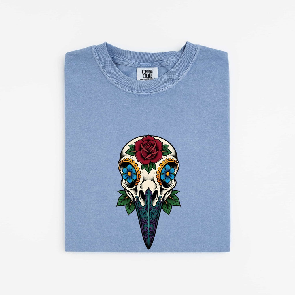 Floral Bird Skull Shirt, Gothic Skull Tee, Tattoo Style Rose Shirt, Alternative Boho Tee, Dark Floral Gift for Women