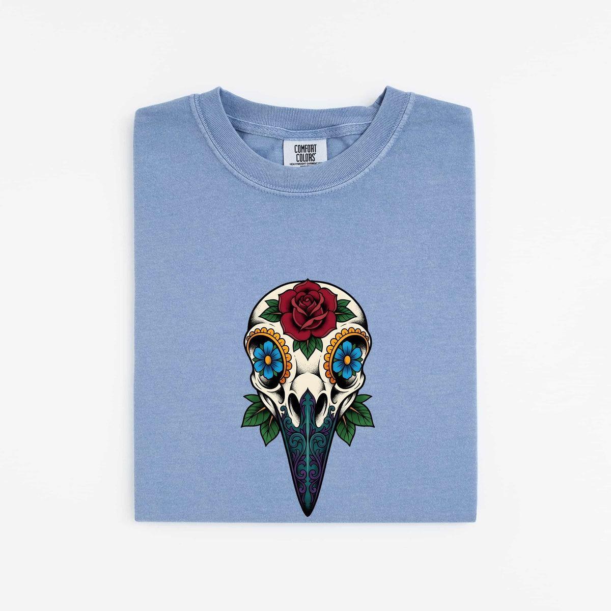 Floral Bird Skull Shirt, Gothic Skull Tee, Tattoo Style Rose Shirt, Alternative Boho Tee, Dark Floral Gift for Women