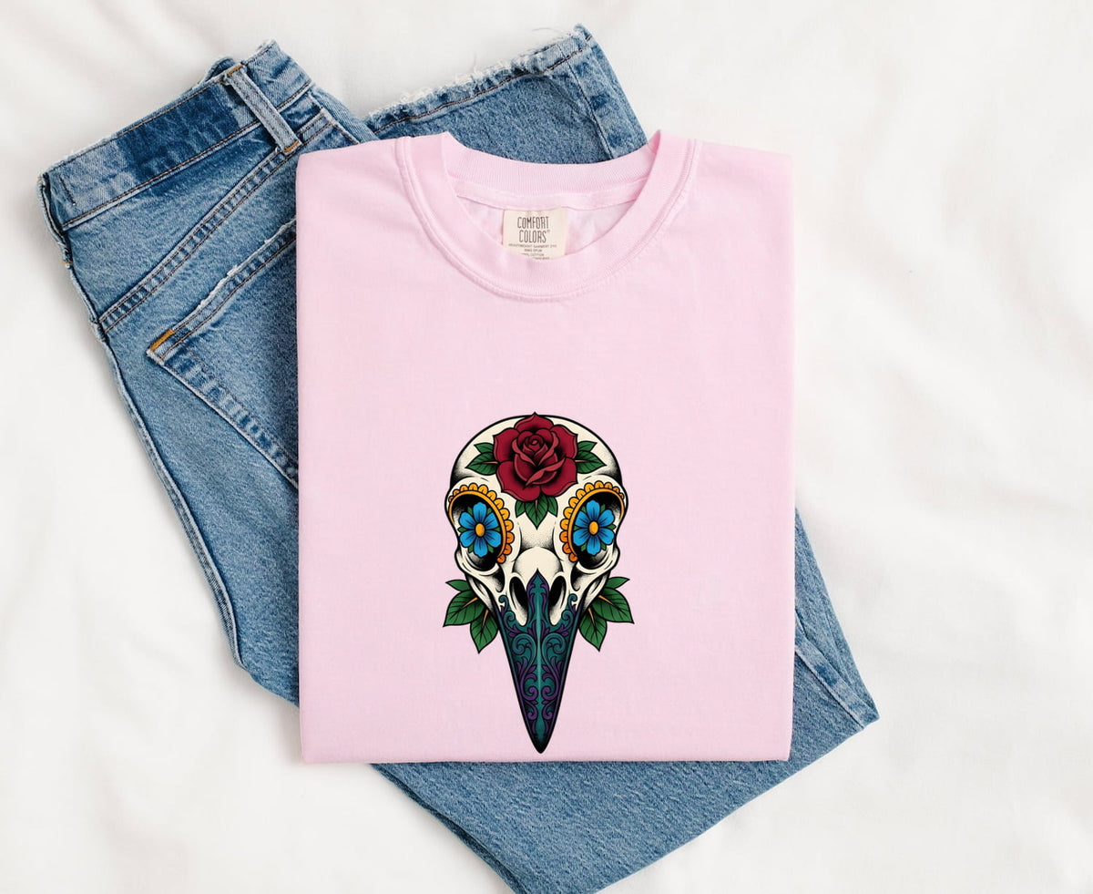 Floral Bird Skull Shirt, Gothic Skull Tee, Tattoo Style Rose Shirt, Alternative Boho Tee, Dark Floral Gift for Women