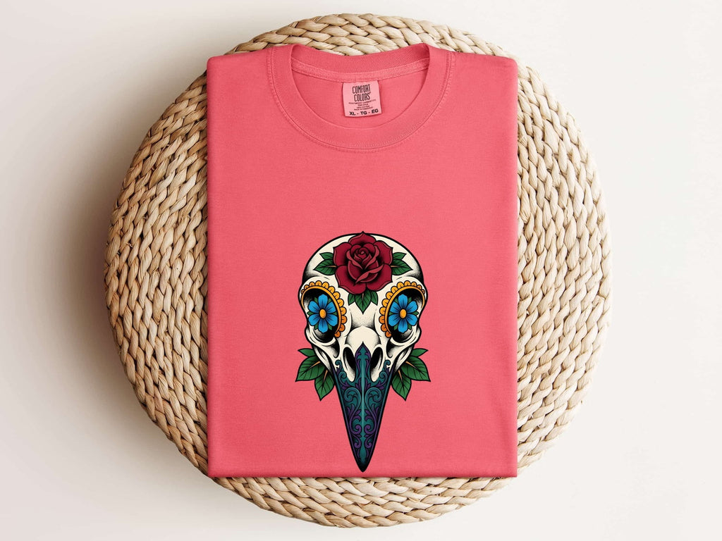 Floral Bird Skull Shirt, Gothic Skull Tee, Tattoo Style Rose Shirt, Alternative Boho Tee, Dark Floral Gift for Women