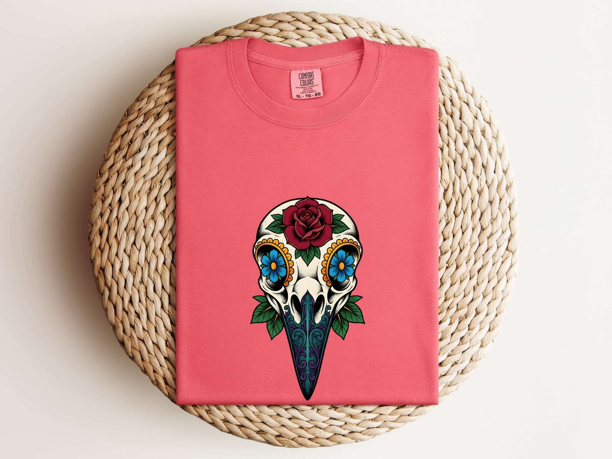 Floral Bird Skull Shirt, Gothic Skull Tee, Tattoo Style Rose Shirt, Alternative Boho Tee, Dark Floral Gift for Women