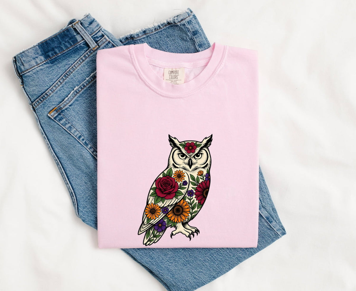 Floral Owl Shirt, Botanical Owl Tee, Colorful Owl Graphic Shirt, Boho Bird Lover Gift, Nature Shirt for Women