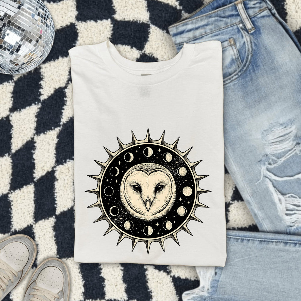 Celestial Owl Shirt, Moon Phase Owl Tee, Mystical Barn Owl Shirt, Gothic Celestial Tee, Owl Lover Gift for Women