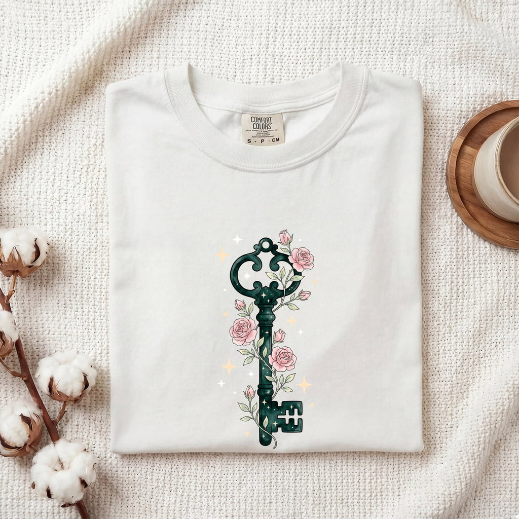Vintage Skeleton Key Shirt, Floral Key Tee, Rose Graphic Shirt, Mystical Boho Tee, Gothic Gift for Women