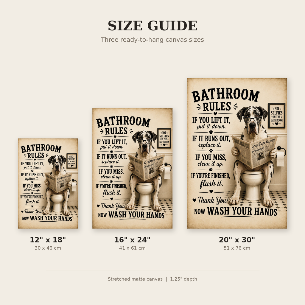 Funny Bathroom Rules Canvas, Great Dane Dog Wall Art, Ready to Hang