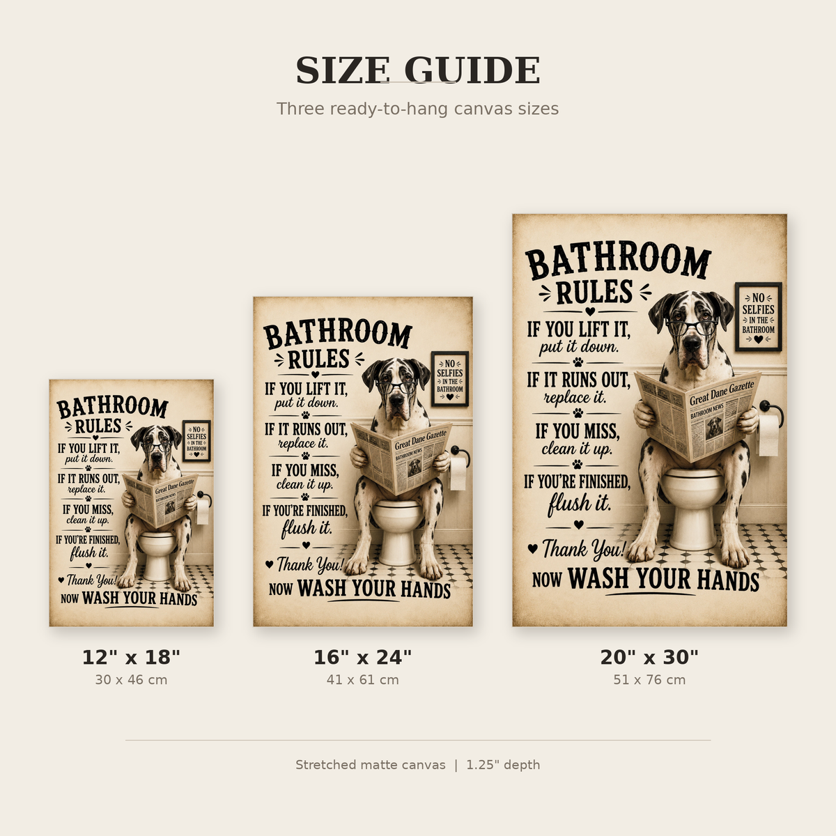Funny Bathroom Rules Canvas, Great Dane Dog Wall Art, Ready to Hang