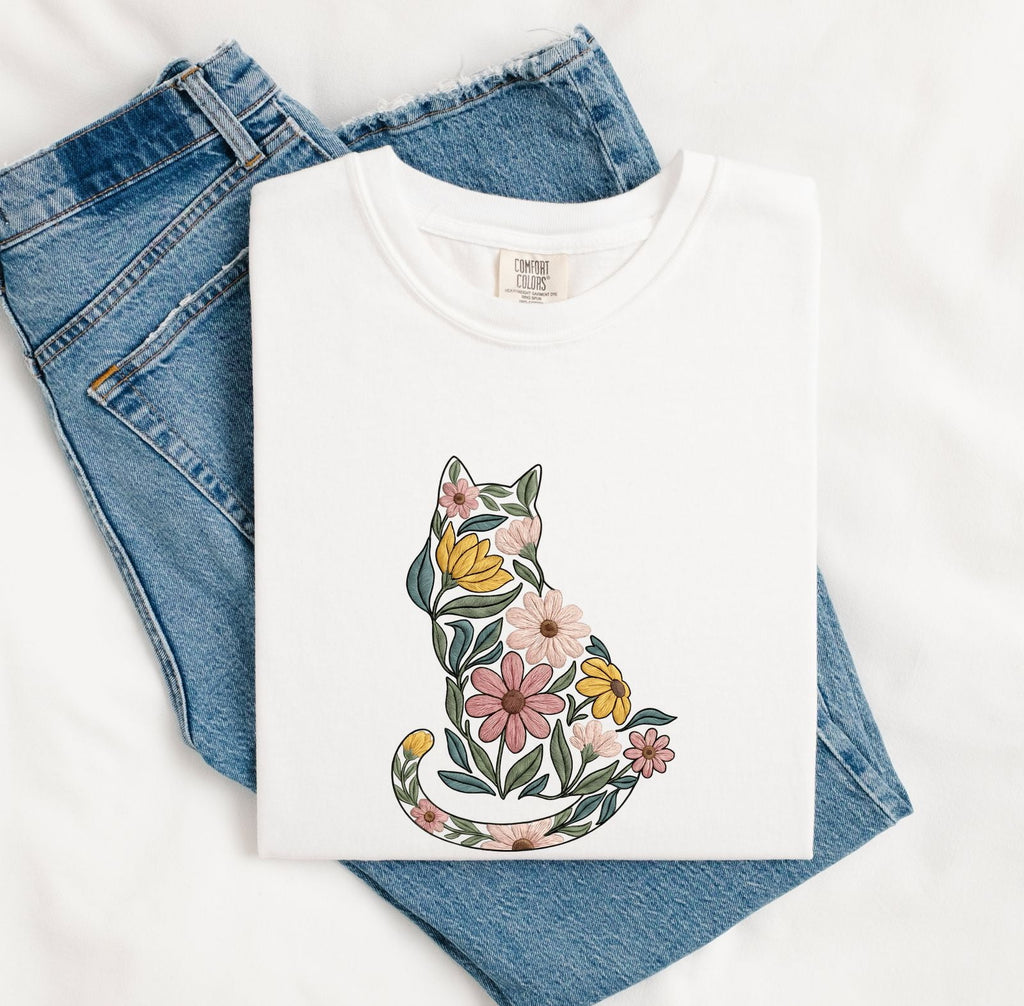 Floral Cat Shirt – Botanical Flower Cat Graphic Tee