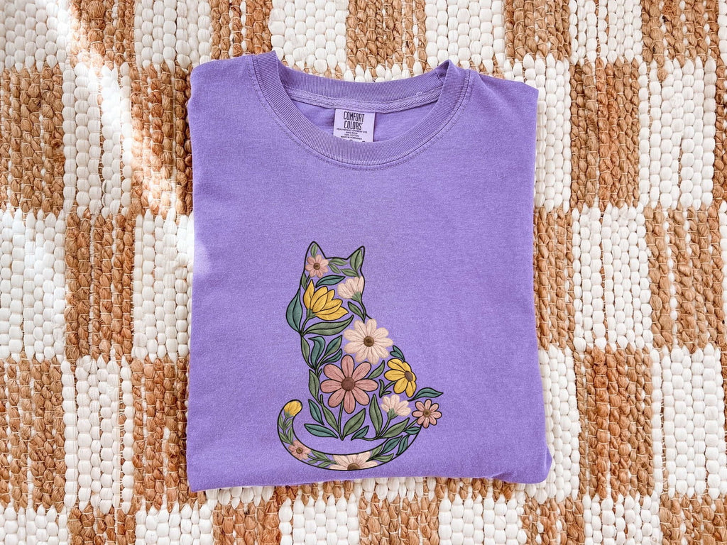 Floral Cat Shirt – Botanical Flower Cat Graphic Tee