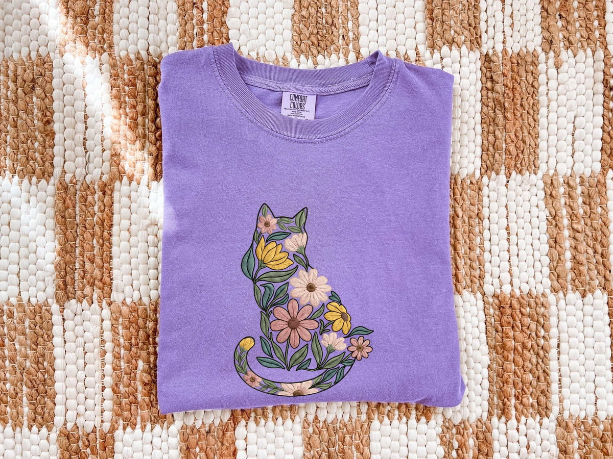 Floral Cat Shirt – Botanical Flower Cat Graphic Tee