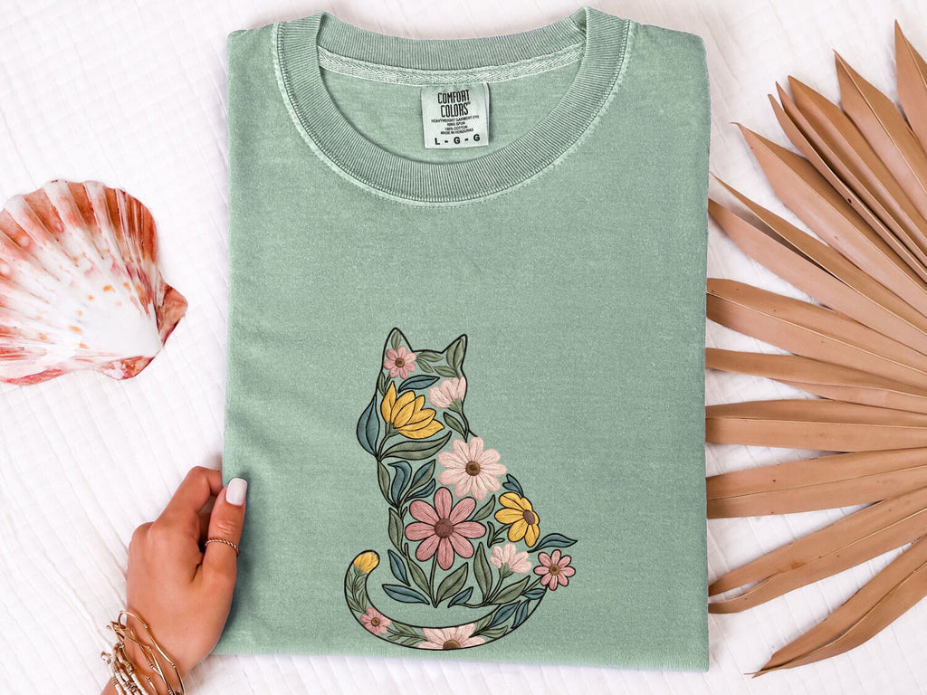 Floral Cat Shirt – Botanical Flower Cat Graphic Tee