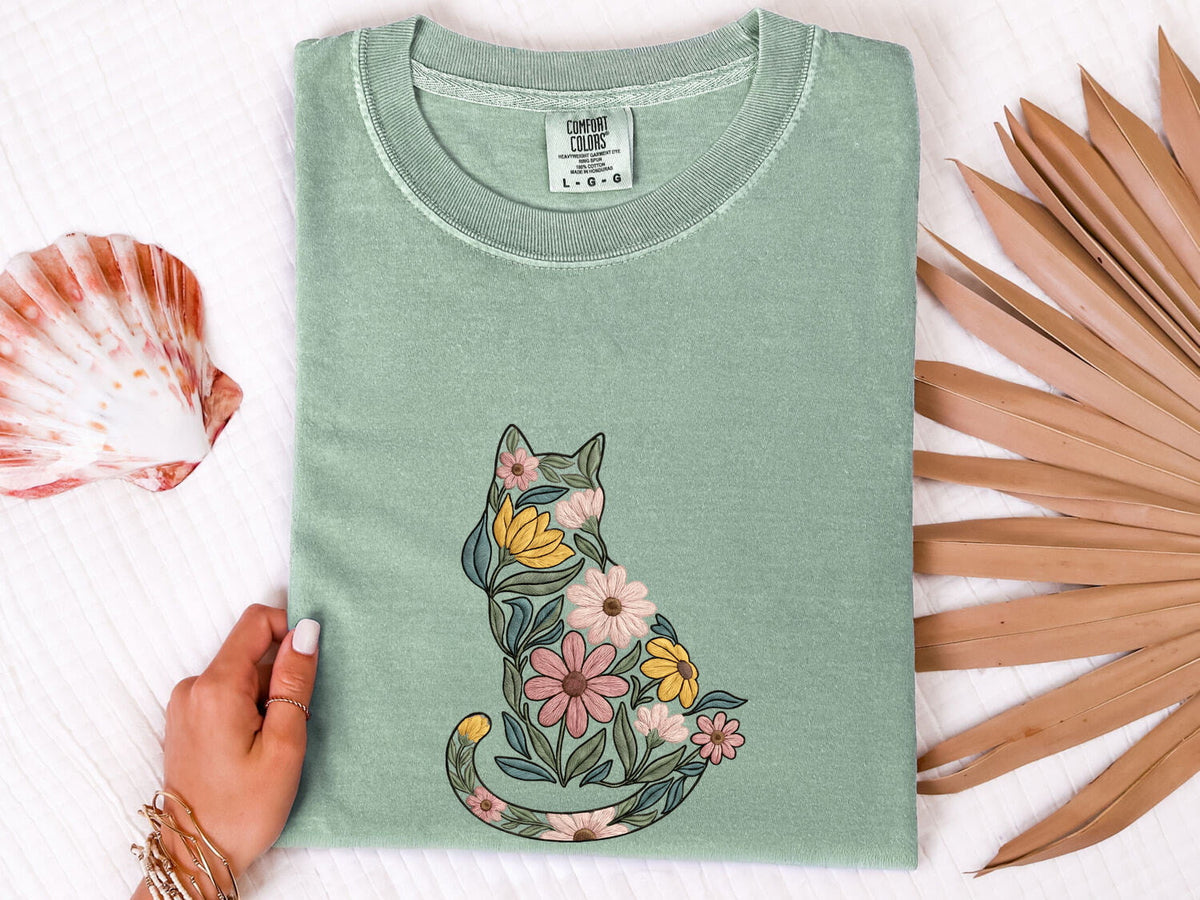 Floral Cat Shirt – Botanical Flower Cat Graphic Tee