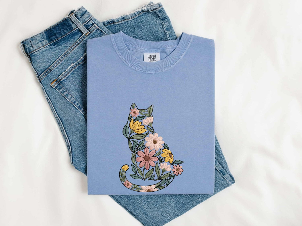 Floral Cat Shirt – Botanical Flower Cat Graphic Tee
