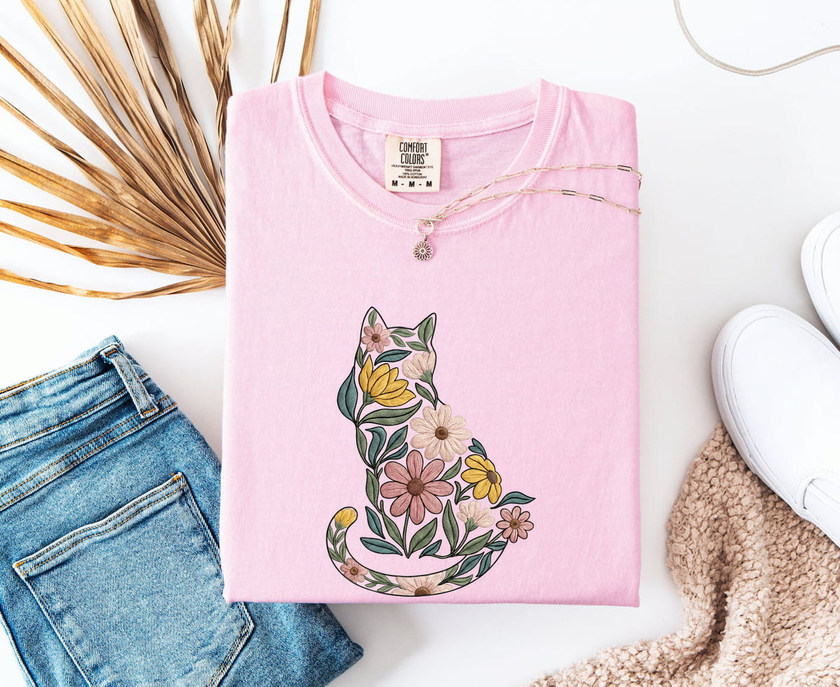 Floral Cat Shirt – Botanical Flower Cat Graphic Tee