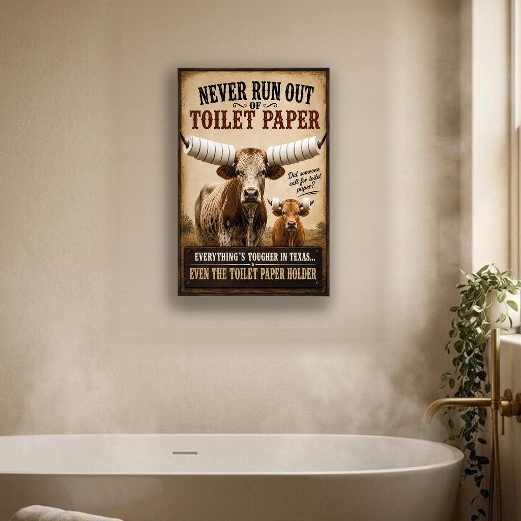 Funny Texas Bathroom Canvas, Longhorn Toilet Paper Wall Art, Ready to Hang