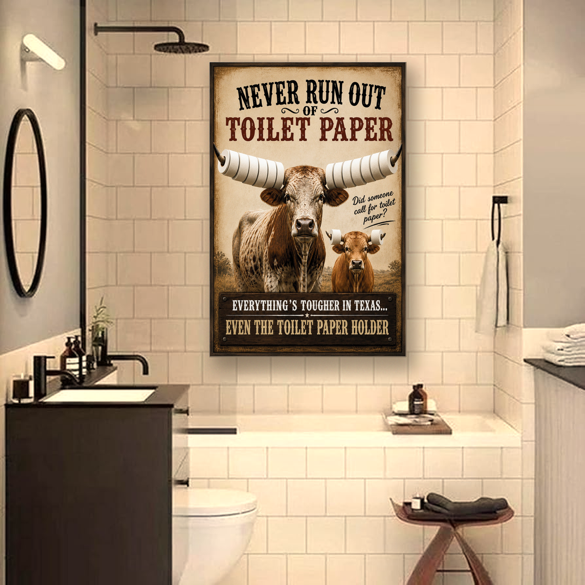 Funny Texas Bathroom Canvas, Longhorn Toilet Paper Wall Art, Ready to Hang