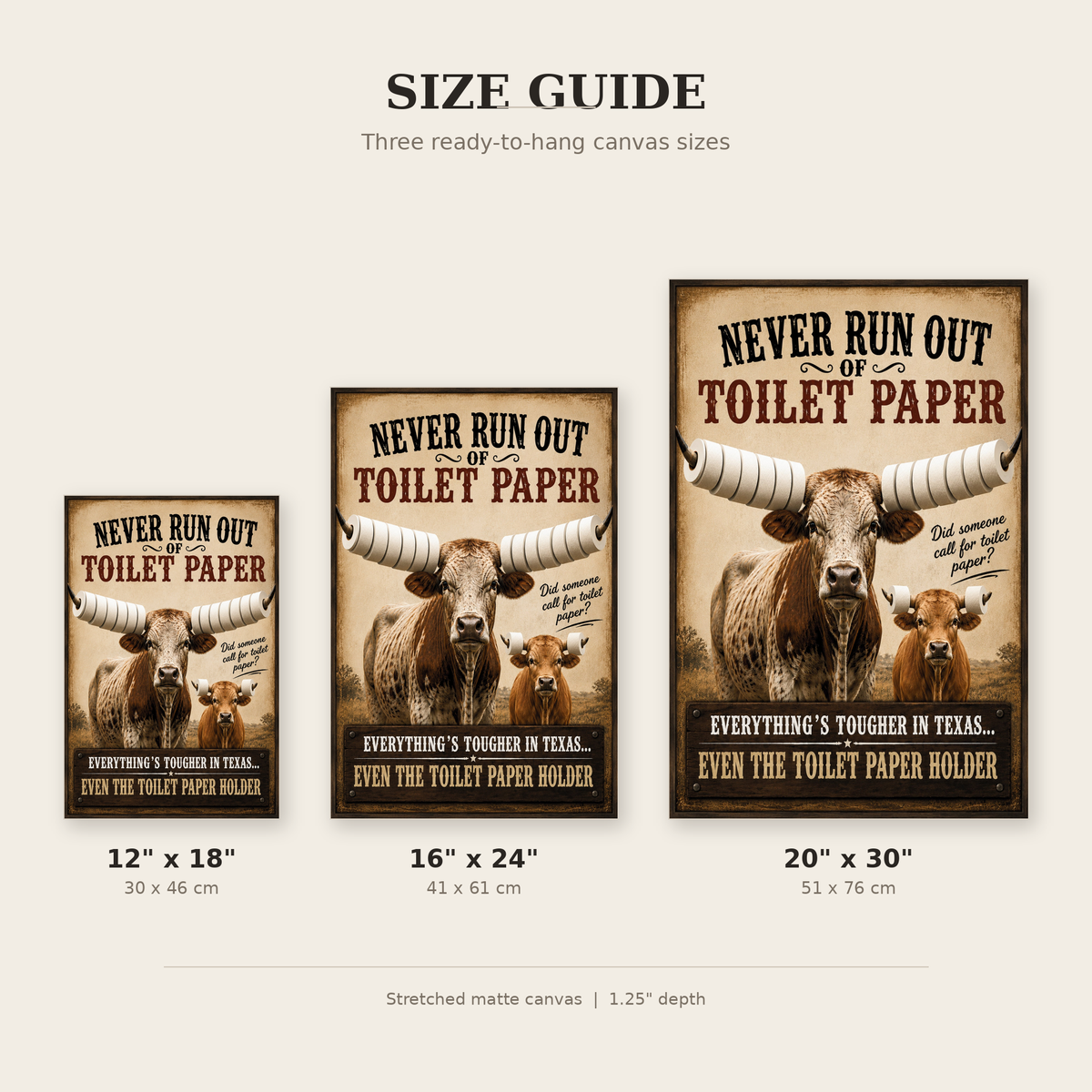 Funny Texas Bathroom Canvas, Longhorn Toilet Paper Wall Art, Ready to Hang