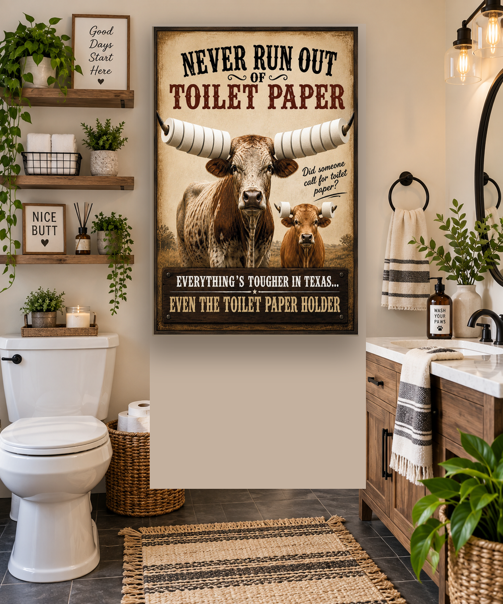 Funny Texas Bathroom Canvas, Longhorn Toilet Paper Wall Art, Ready to Hang
