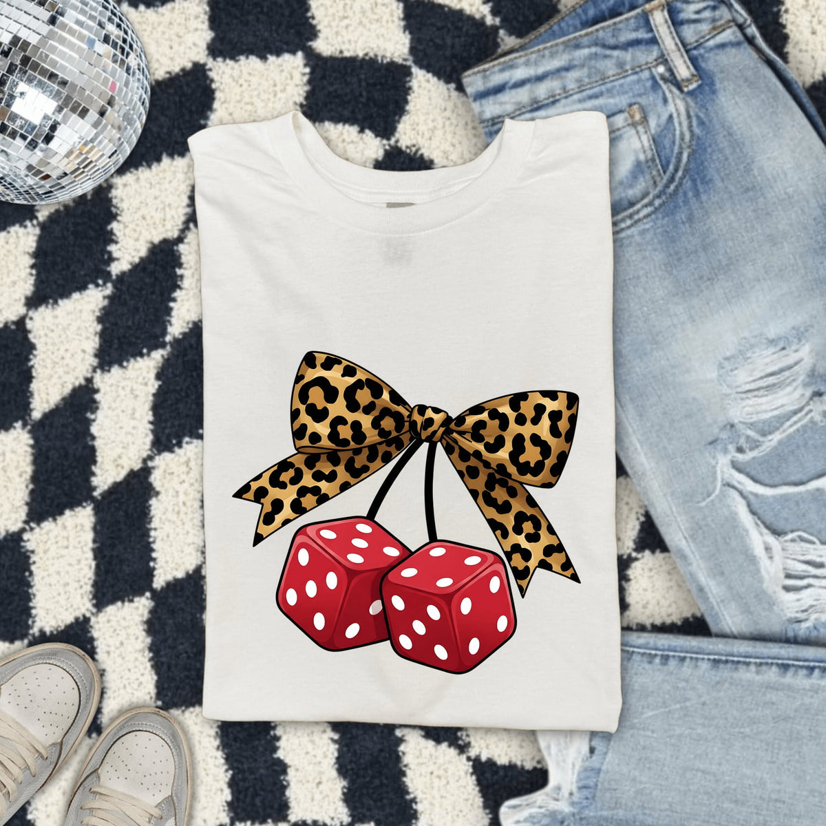 Fuzzy Dice Shirt – Leopard Bow Retro Graphic Tee