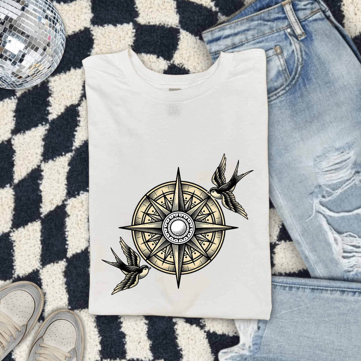 Swallow & Compass Shirt – Vintage Travel Adventure Graphic Tee