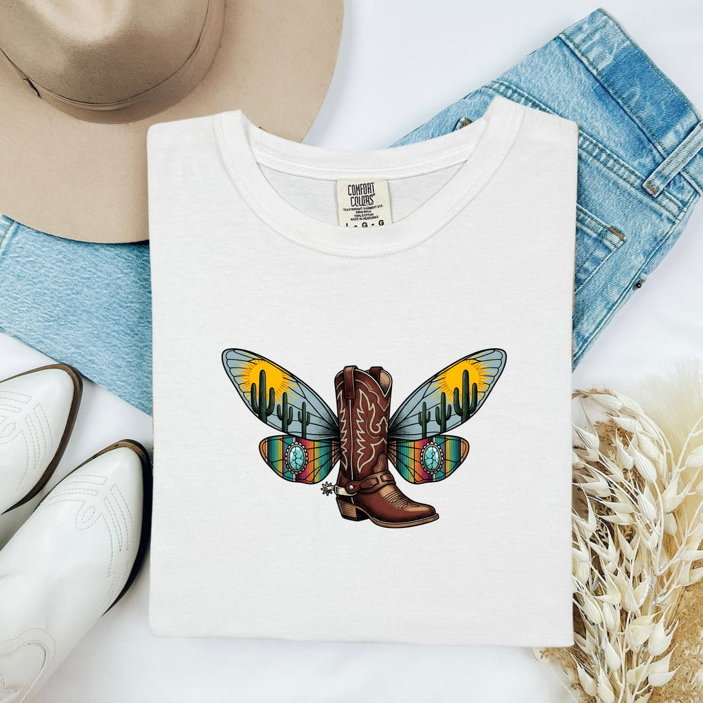 Western Cowboy Boot Shirt – Colorful Butterfly Wing Cowgirl Tee