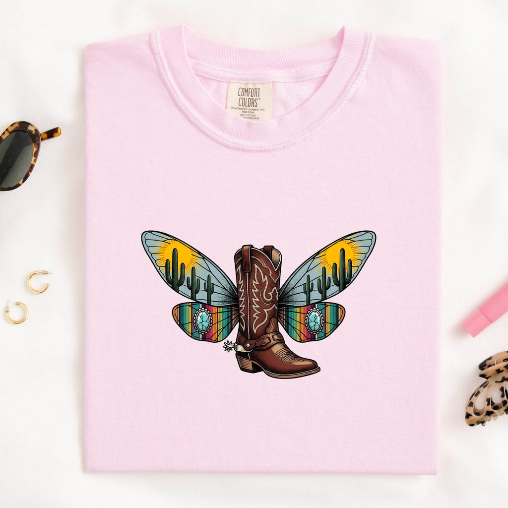 Western Cowboy Boot Shirt – Colorful Butterfly Wing Cowgirl Tee