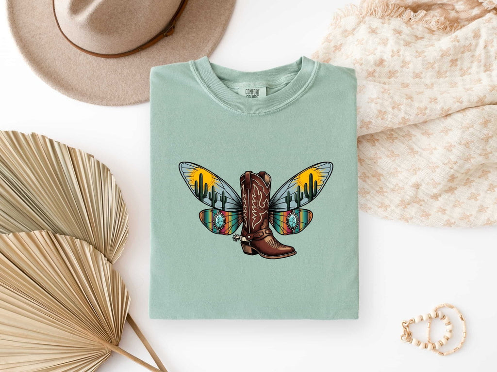 Western Cowboy Boot Shirt – Colorful Butterfly Wing Cowgirl Tee