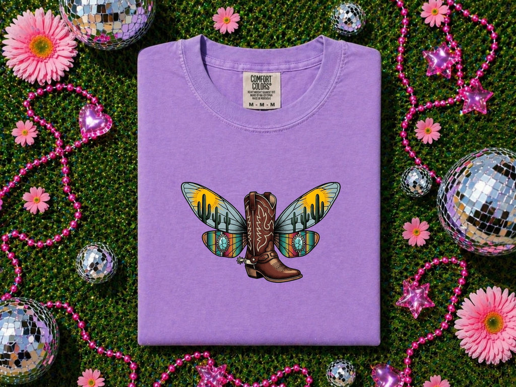 Western Cowboy Boot Shirt – Colorful Butterfly Wing Cowgirl Tee
