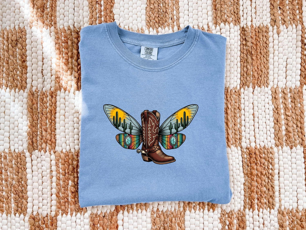Western Cowboy Boot Shirt – Colorful Butterfly Wing Cowgirl Tee