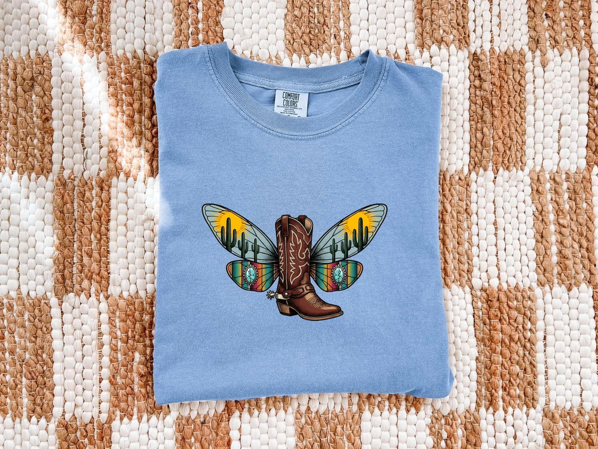 Western Cowboy Boot Shirt – Colorful Butterfly Wing Cowgirl Tee