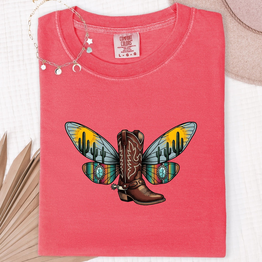Western Cowboy Boot Shirt – Colorful Butterfly Wing Cowgirl Tee