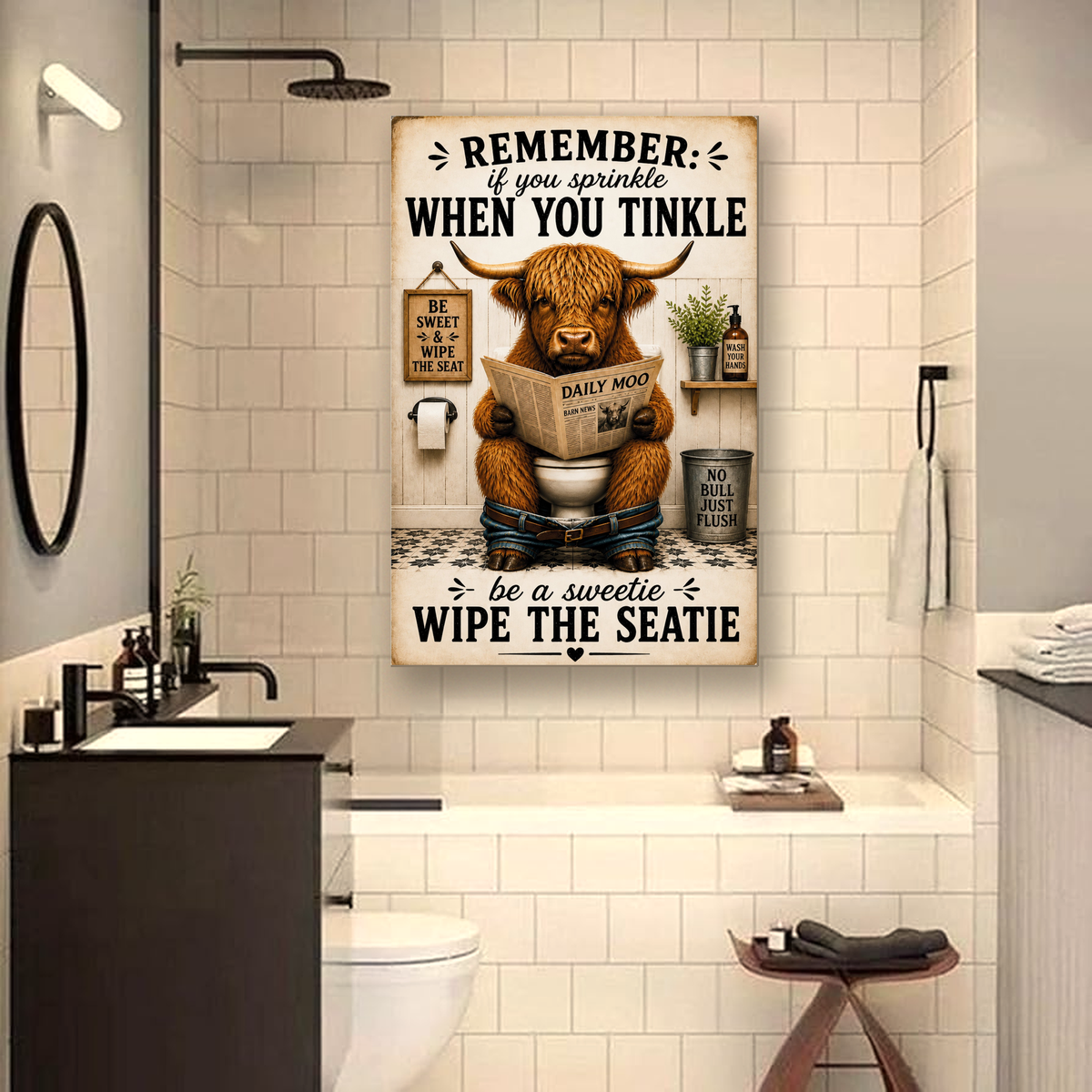 Funny Highland Cow Bathroom Canvas, Wipe the Seatie Wall Art, Ready to Hang