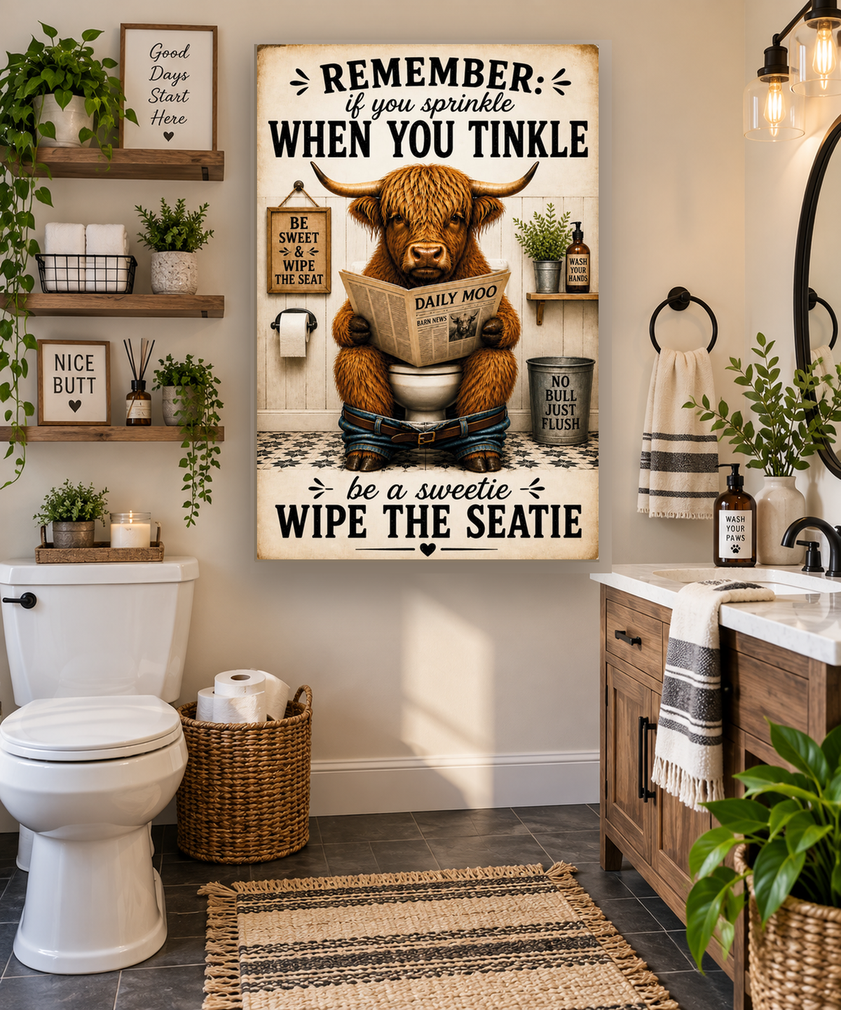 Funny Highland Cow Bathroom Canvas, Wipe the Seatie Wall Art, Ready to Hang