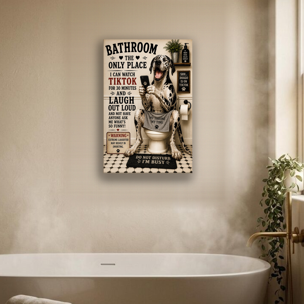 Funny Bathroom Canvas, Dog on Toilet Wall Art, Ready to Hang