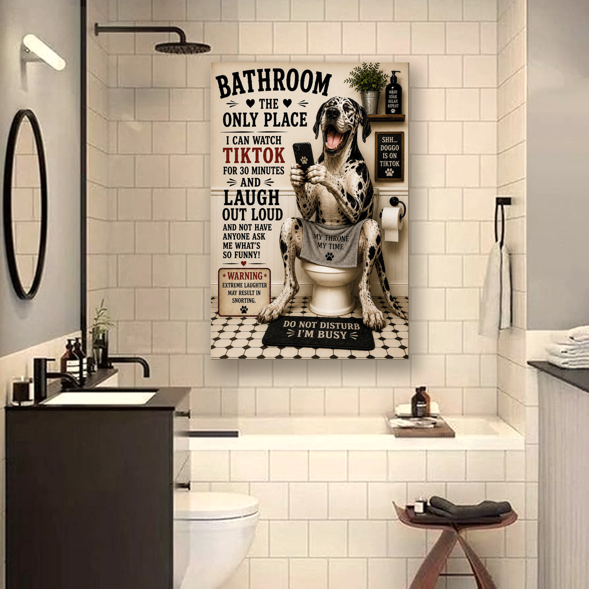 Funny Bathroom Canvas, Dog on Toilet Wall Art, Ready to Hang