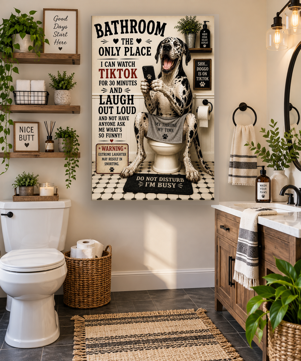 Funny Bathroom Canvas, Dog on Toilet Wall Art, Ready to Hang