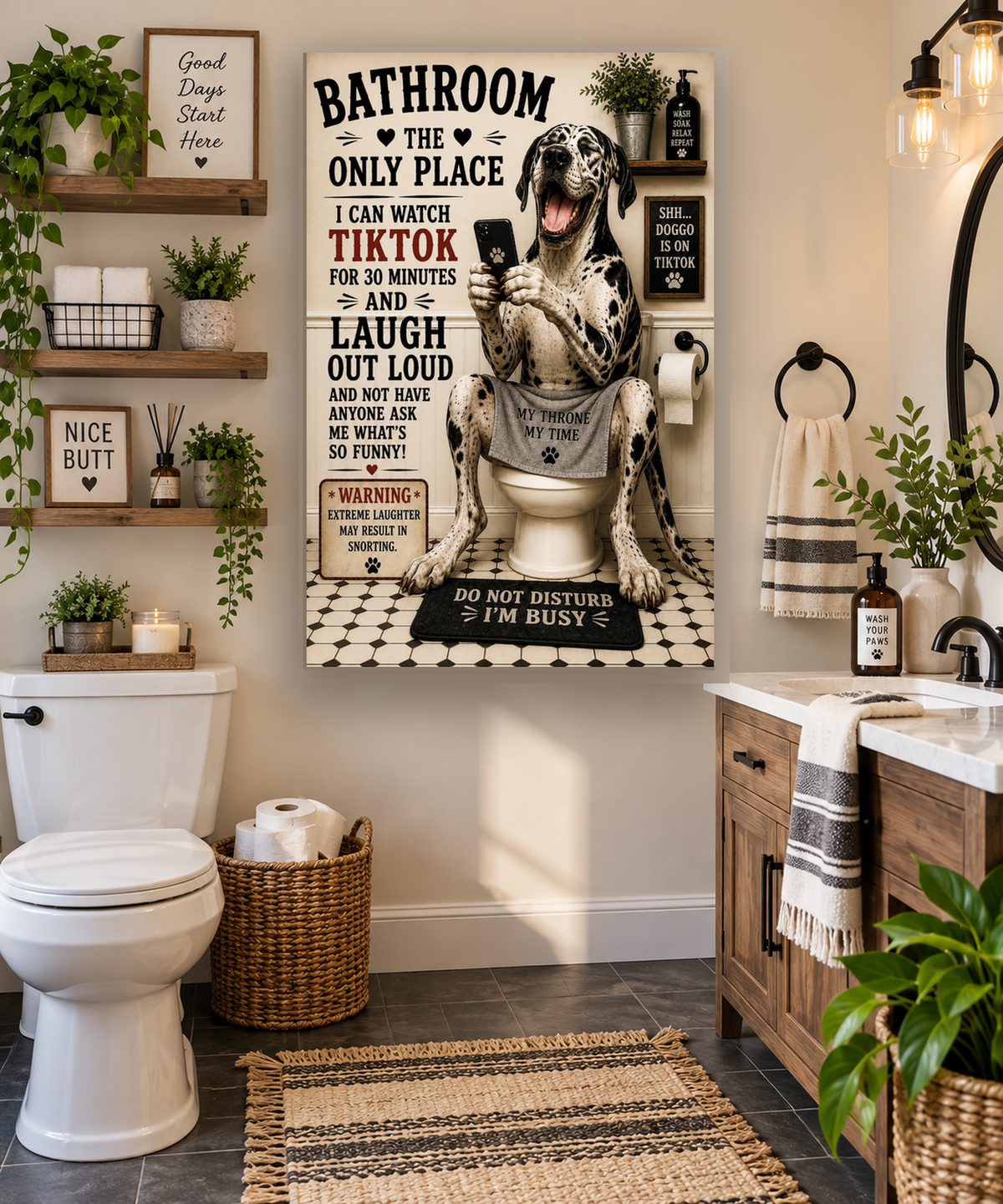 Funny Bathroom Canvas, Dog on Toilet Wall Art, Ready to Hang