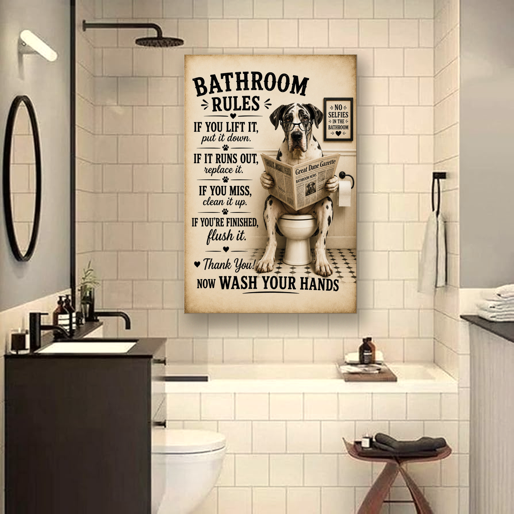 Funny Bathroom Rules Canvas, Great Dane Dog Wall Art, Ready to Hang