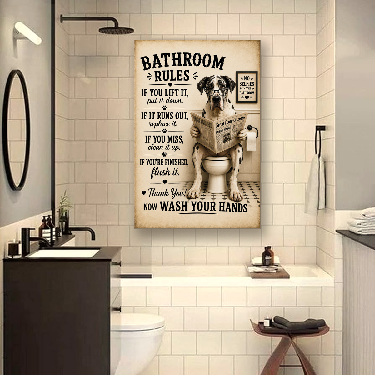 Funny Bathroom Rules Canvas, Great Dane Dog Wall Art, Ready to Hang