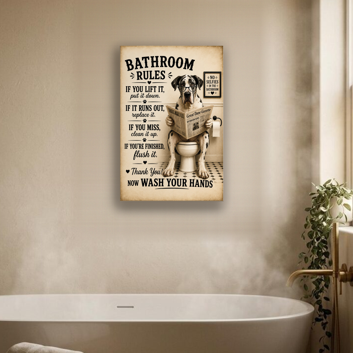 Funny Bathroom Rules Canvas, Great Dane Dog Wall Art, Ready to Hang