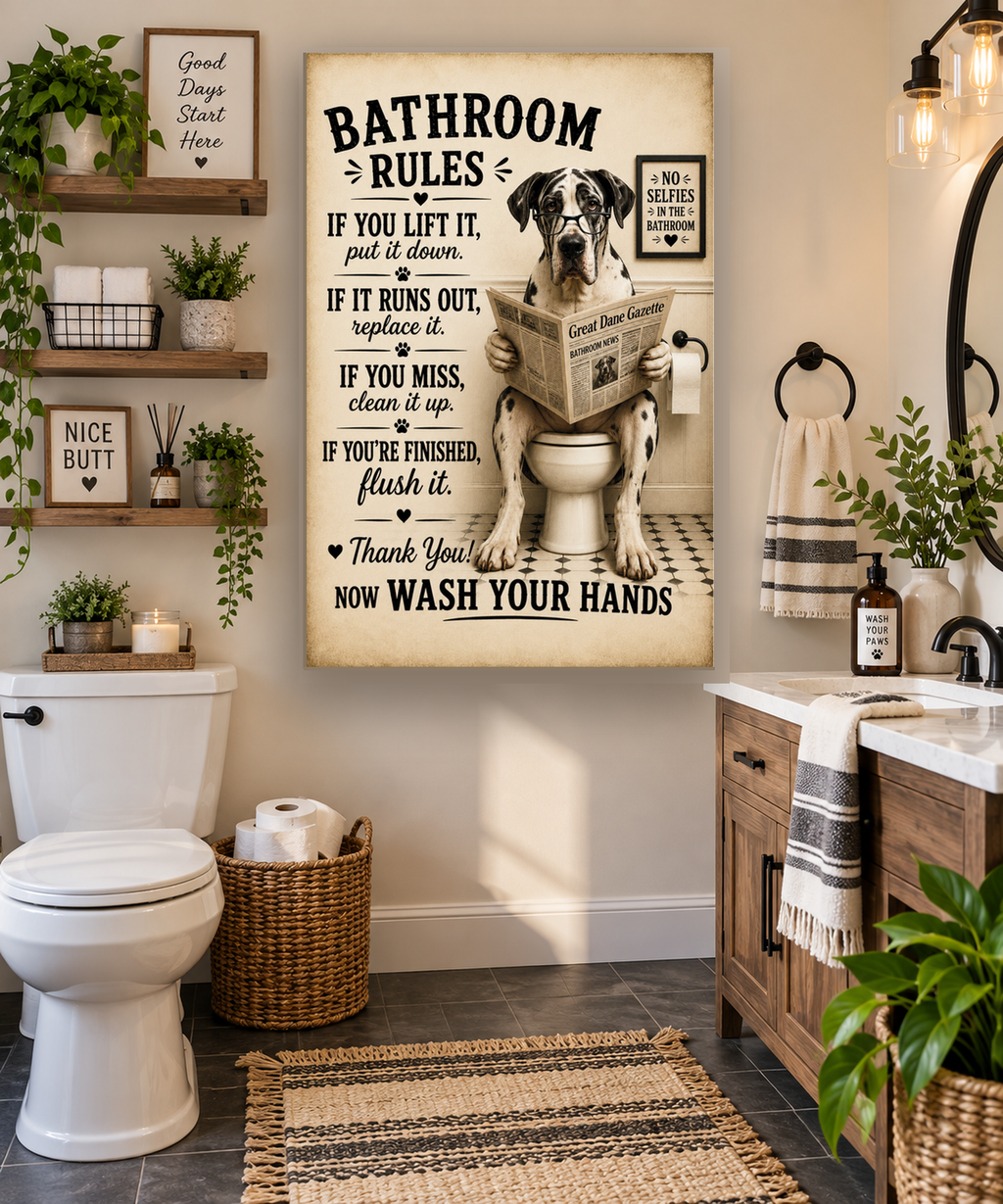 Funny Bathroom Rules Canvas, Great Dane Dog Wall Art, Ready to Hang