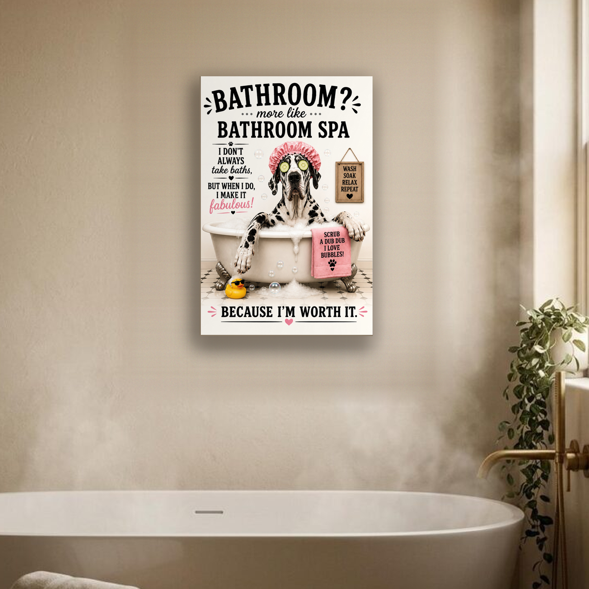 Funny Bathroom Spa Canvas, Great Dane Dog Wall Art, Ready to Hang