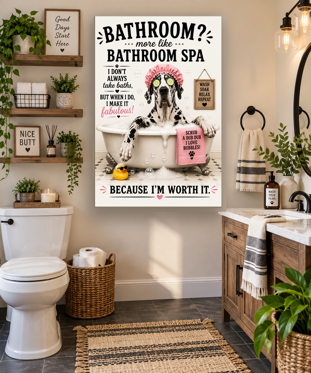 Funny Bathroom Spa Canvas, Great Dane Dog Wall Art, Ready to Hang