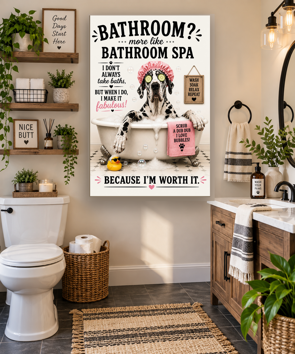 Funny Bathroom Spa Canvas, Great Dane Dog Wall Art, Ready to Hang