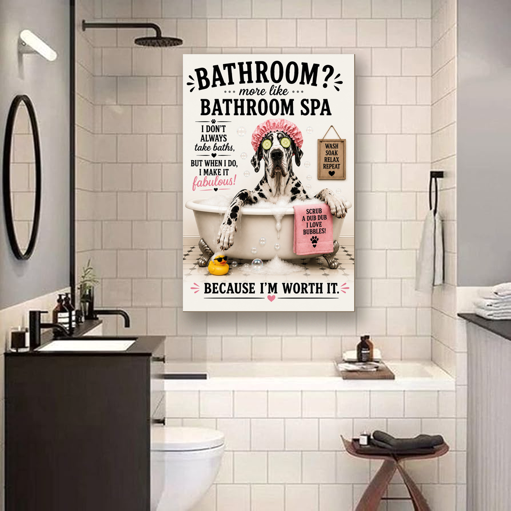 Funny Bathroom Spa Canvas, Great Dane Dog Wall Art, Ready to Hang